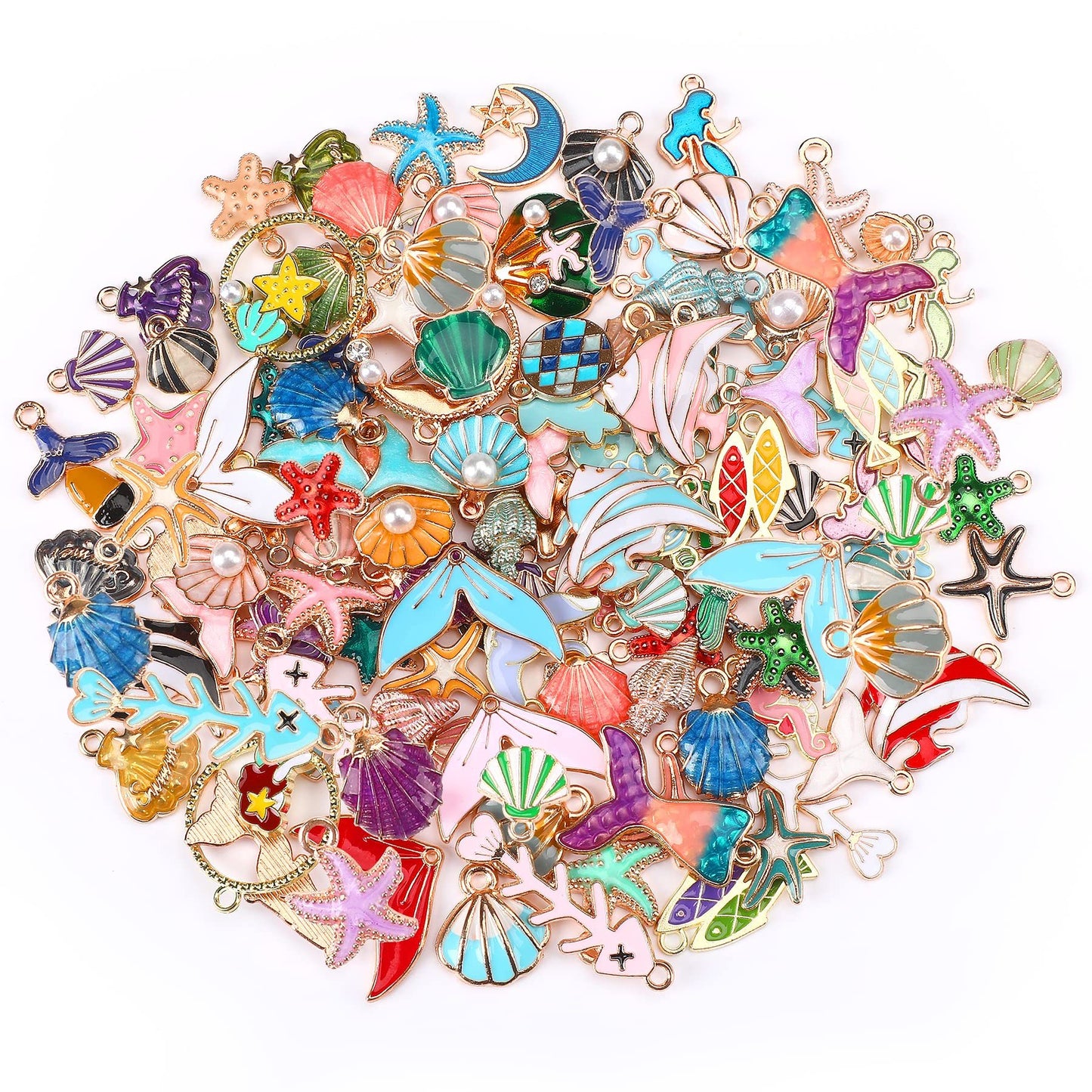 YFA 120 Pieces Of Ocean-themed Sea Jewelry For Jewelry Making, Gold Enamel Assorted Starfish And Shell Pendants Can Be Made Into Necklaces, Earrings, Bracelets.