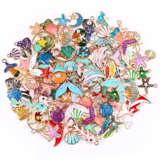 YFA 120 Pieces Of Ocean-themed Sea Jewelry For Jewelry Making, Gold Enamel Assorted Starfish And Shell Pendants Can Be Made Into Necklaces, Earrings, Bracelets.