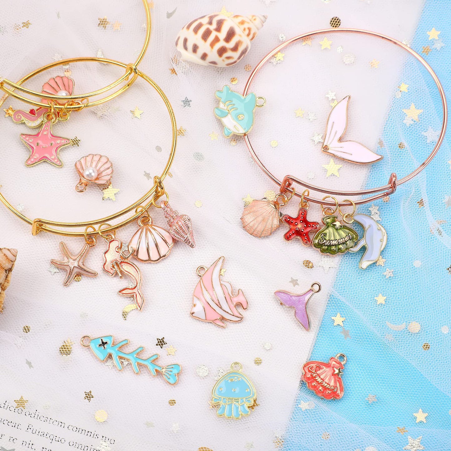 YFA 120 Pieces Of Ocean-themed Sea Jewelry For Jewelry Making, Gold Enamel Assorted Starfish And Shell Pendants Can Be Made Into Necklaces, Earrings, Bracelets.