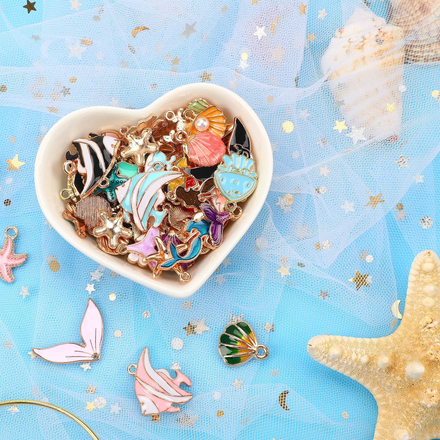 YFA 120 Pieces Of Ocean-themed Sea Jewelry For Jewelry Making, Gold Enamel Assorted Starfish And Shell Pendants Can Be Made Into Necklaces, Earrings, Bracelets.
