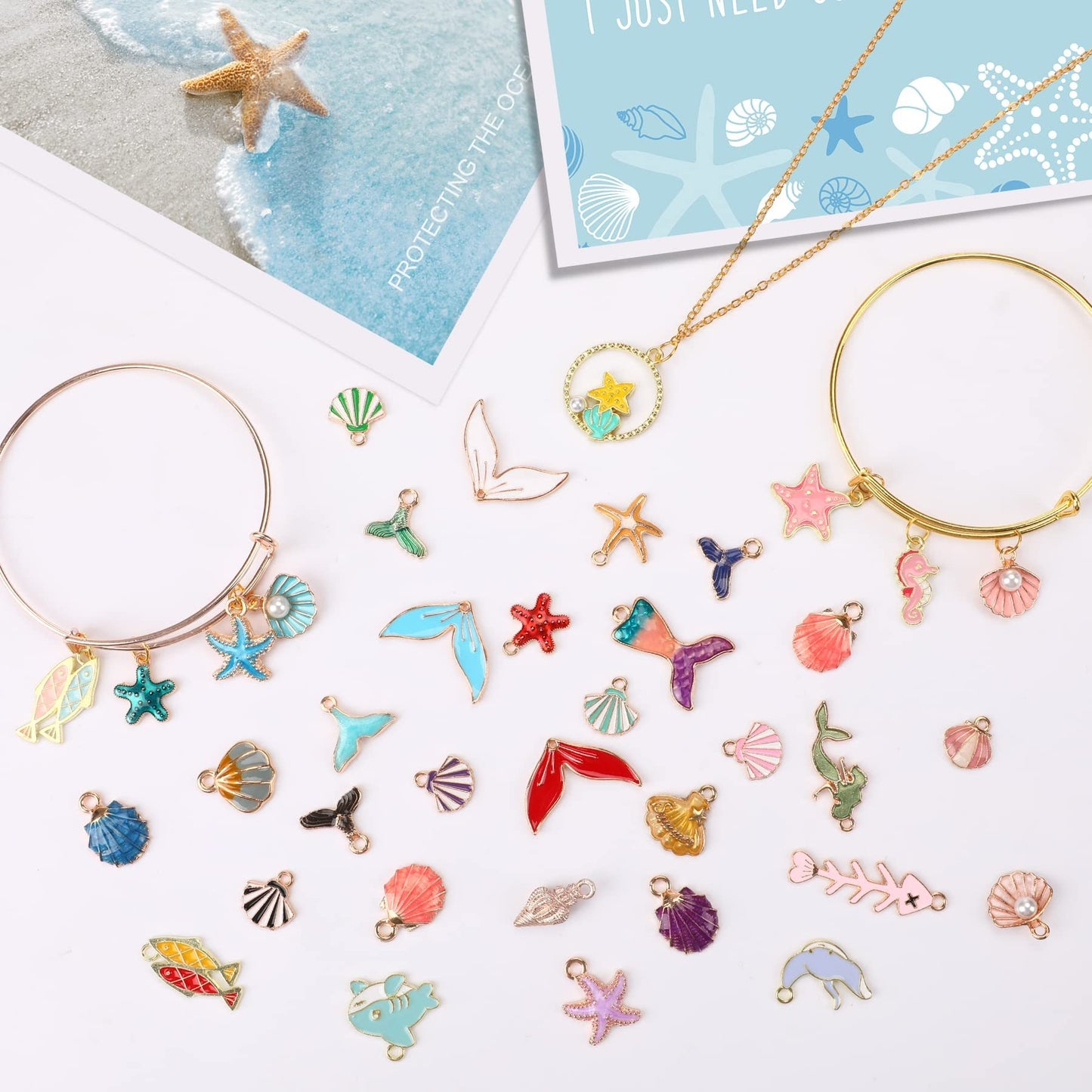 YFA 120 Pieces Of Ocean-themed Sea Jewelry For Jewelry Making, Gold Enamel Assorted Starfish And Shell Pendants Can Be Made Into Necklaces, Earrings, Bracelets.