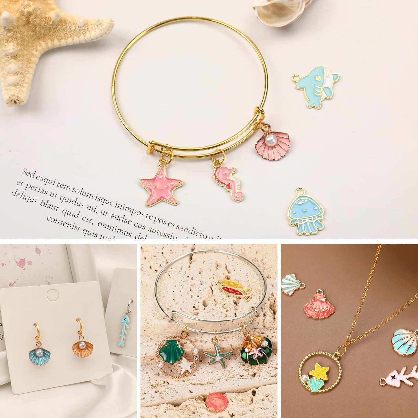 YFA 120 Pieces Of Ocean-themed Sea Jewelry For Jewelry Making, Gold Enamel Assorted Starfish And Shell Pendants Can Be Made Into Necklaces, Earrings, Bracelets.